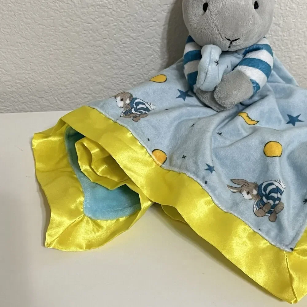 Goodnight Moon Bunny Security Blanket Lovey Lovie Blankie Blue Satin Trim